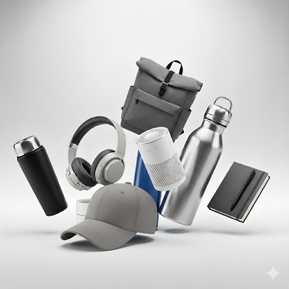 Selección de productos de merchandising: mochila, auriculares, gorra, botella, cuaderno y más